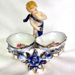 Vintage Porcelain Cherub Double Dish Trinket Holder Blue Gold Rose Decor